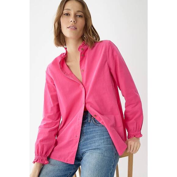 J.Crew Womens Classic-Fit Ruffleneck Shirt Corduroy Button-Up Cotton Pink Size 4 - Picture 1 of 8